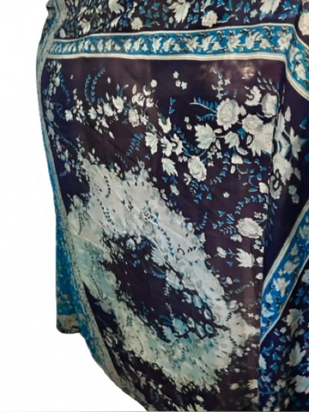 Lovely Large 100% Silk Floral Turquoise Aqua India Scarf Wrap Lightweight Boho